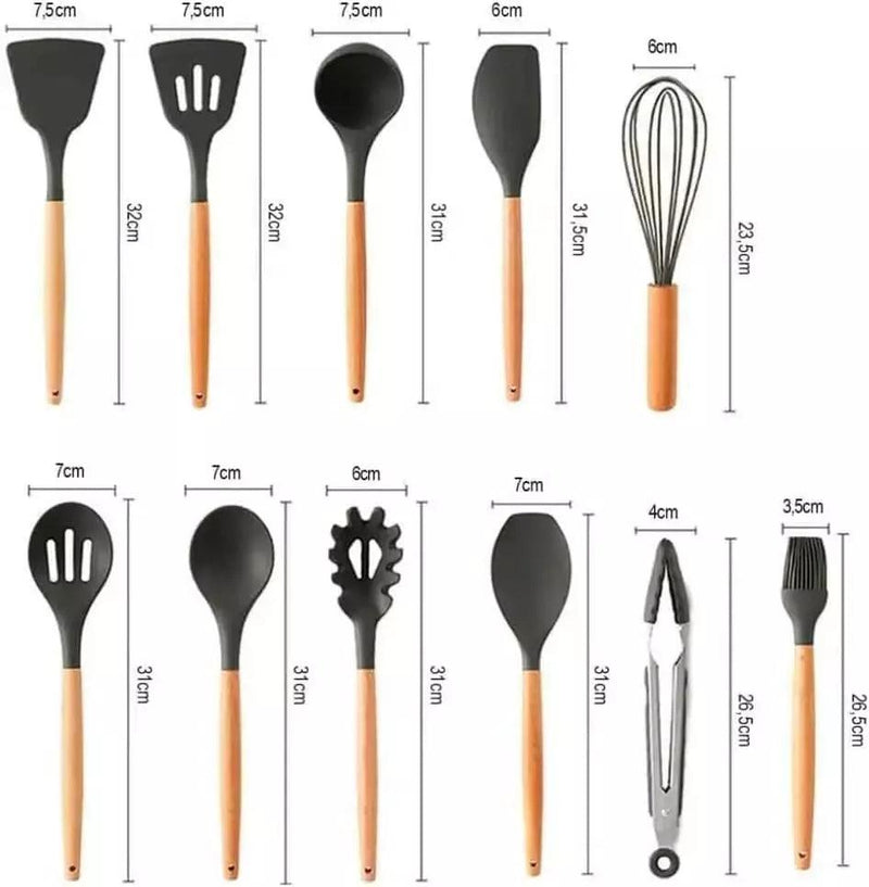 Jogo Kit com 12 Peças Utensílios De Cozinha Colheres Espátula Silicone Cabo Madeira - FlashMart