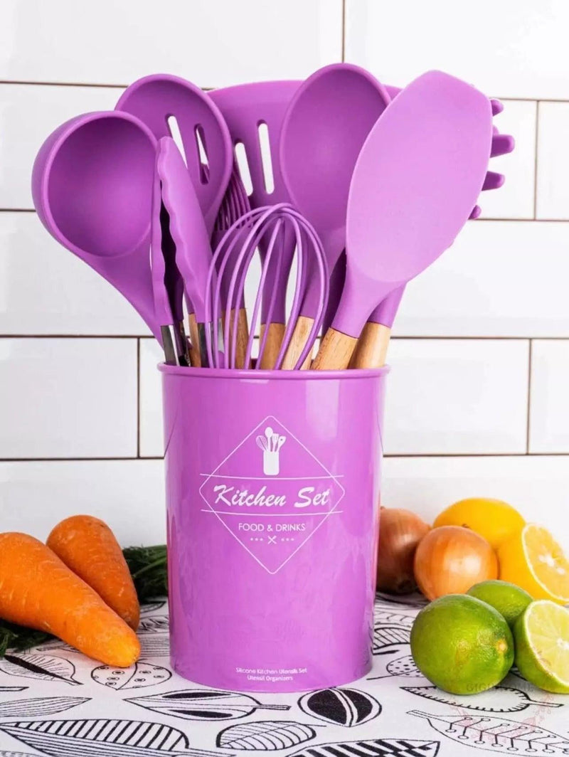 Jogo Kit com 12 Peças Utensílios De Cozinha Colheres Espátula Silicone Cabo Madeira - FlashMart