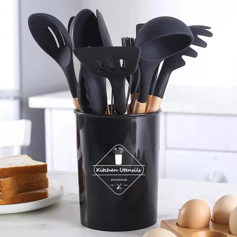 Jogo Kit com 12 Peças Utensílios De Cozinha Colheres Espátula Silicone Cabo Madeira - FlashMart