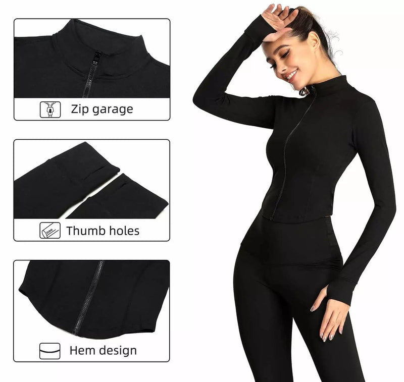 Casaco fitness mangas compridas Slim Fit para mulheres - FlashMart