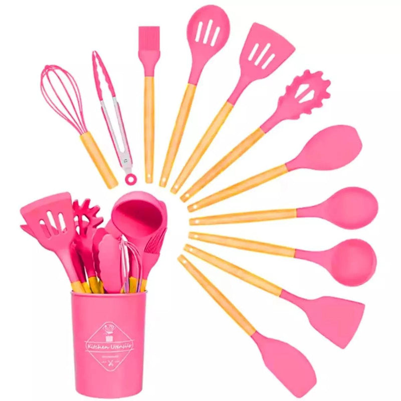 Jogo Kit com 12 Peças Utensílios De Cozinha Colheres Espátula Silicone Cabo Madeira - FlashMart