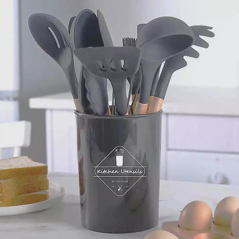 Jogo Kit com 12 Peças Utensílios De Cozinha Colheres Espátula Silicone Cabo Madeira - FlashMart